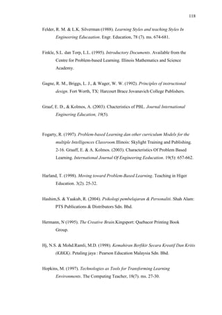 118
Felder, R. M. & L.K. Silverman (1988). Learning Styles and teaching Styles In
Engineering Educaation. Engr. Education, 78 (7). ms. 674-681.
Finkle, S.L. dan Torp, L.L. (1995). Introductory Documents. Available from the
Centre for Problem-based Learning. Illinois Mathematics and Science
Academy.
Gagne, R. M., Briggs, L. J., & Wager, W. W. (1992). Principles of instructional
design. Fort Worth, TX: Harcourt Brace Jovanavich College Publishers.
Graaf, E. D., & Kolmos, A. (2003). Chacteristics of PBL. Journal International
Enginering Education, 19(5).
Fogarty, R. (1997). Problem-based Learning dan other curriculum Models for the
multiple Intelligences Classroom.Illinois: Skylight Training and Publishing.
2-16. Graaff, E. & A. Kolmos. (2003). Characteristics Of Problem Based
Learning. International Journal Of Engineering Eeducation. 19(5): 657-662.
Harland, T. (1998). Moving toward Problem-Based Learning. Teaching in Higer
Education. 3(2). 25-32.
Hashim,S. & Yaakub, R. (2004). Psikologi pembelajaran & Personaliti. Shah Alam:
PTS Publications & Distributors Sdn. Bhd.
Hermann, N (1995). The Creative Brain.Kingsport: Quebacor Printing Book
Group.
Hj, N.S. & Mohd.Ramli, M.D. (1998). Kemahiran Berfikir Secara Kreatif Dan Kritis
(KBKK). Petaling jaya : Pearson Education Malaysia Sdn. Bhd.
Hopkins, M. (1997). Technologies as Tools for Transforming Learning
Environments. The Computing Teacher, 18(7). ms. 27-30.
 