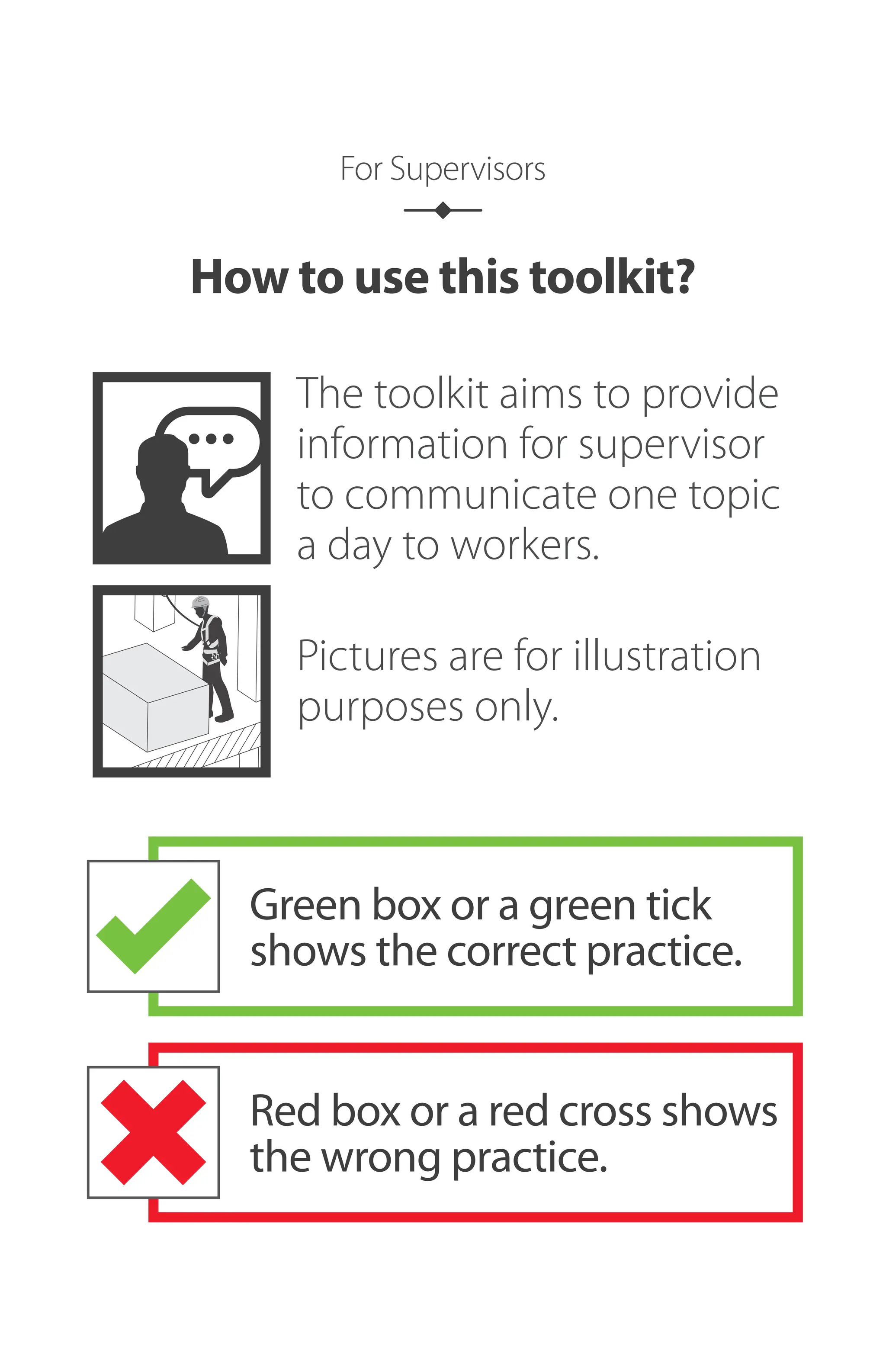 The toolkit aims to provide
information for supervisor
to communicate one topic
a day to workers.
Pictures are for illustration
purposes only.
How to use this toolkit?
For Supervisors
Red box or a red cross shows
the wrong practice.
Green box or a green tick
shows the correct practice.
 