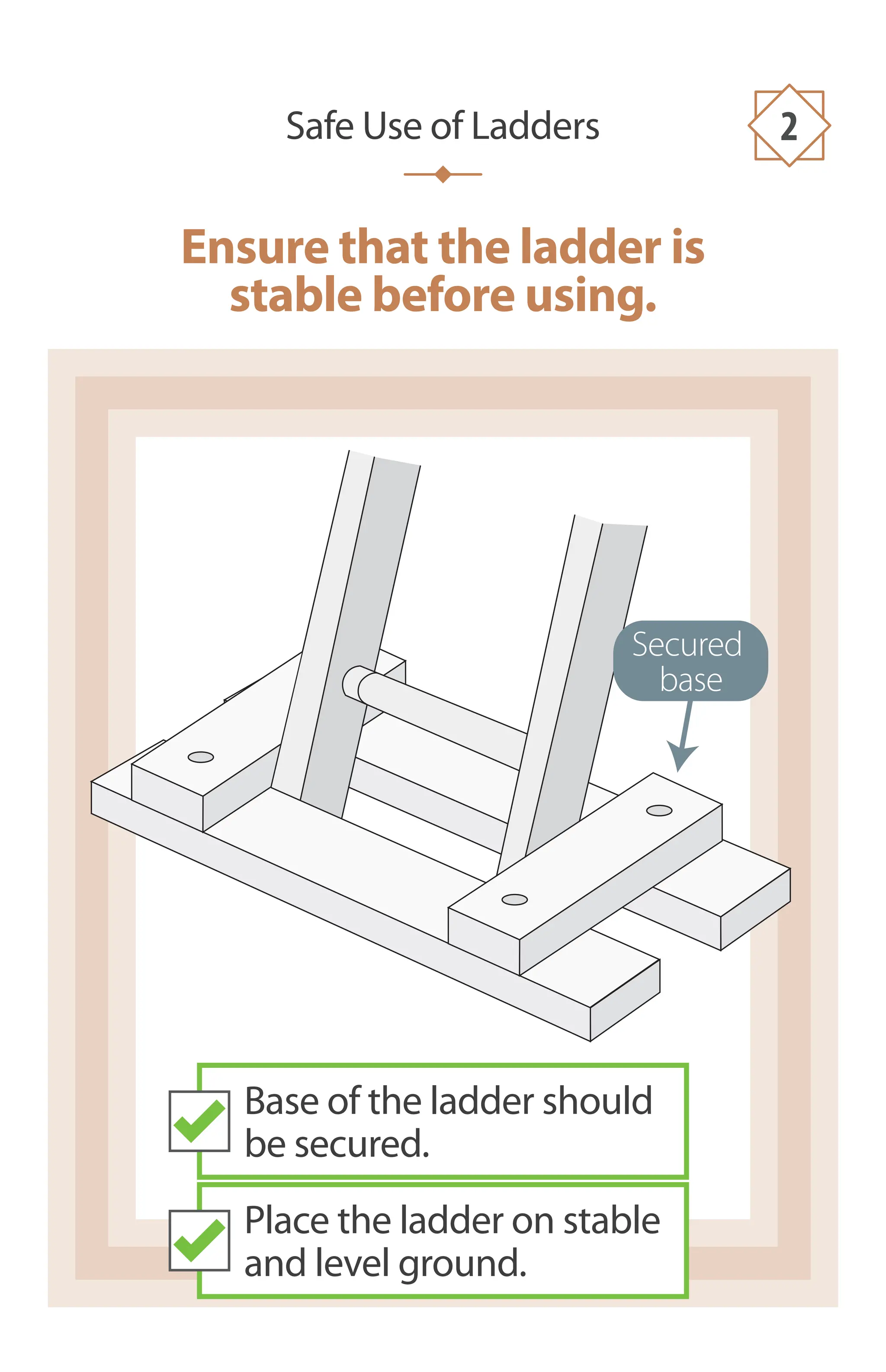 Ensure that the ladder is
stable before using.
Safe Use of Ladders 2
Secured
base
Base of the ladder should
be secured.
Place the ladder on stable
and level ground.
 