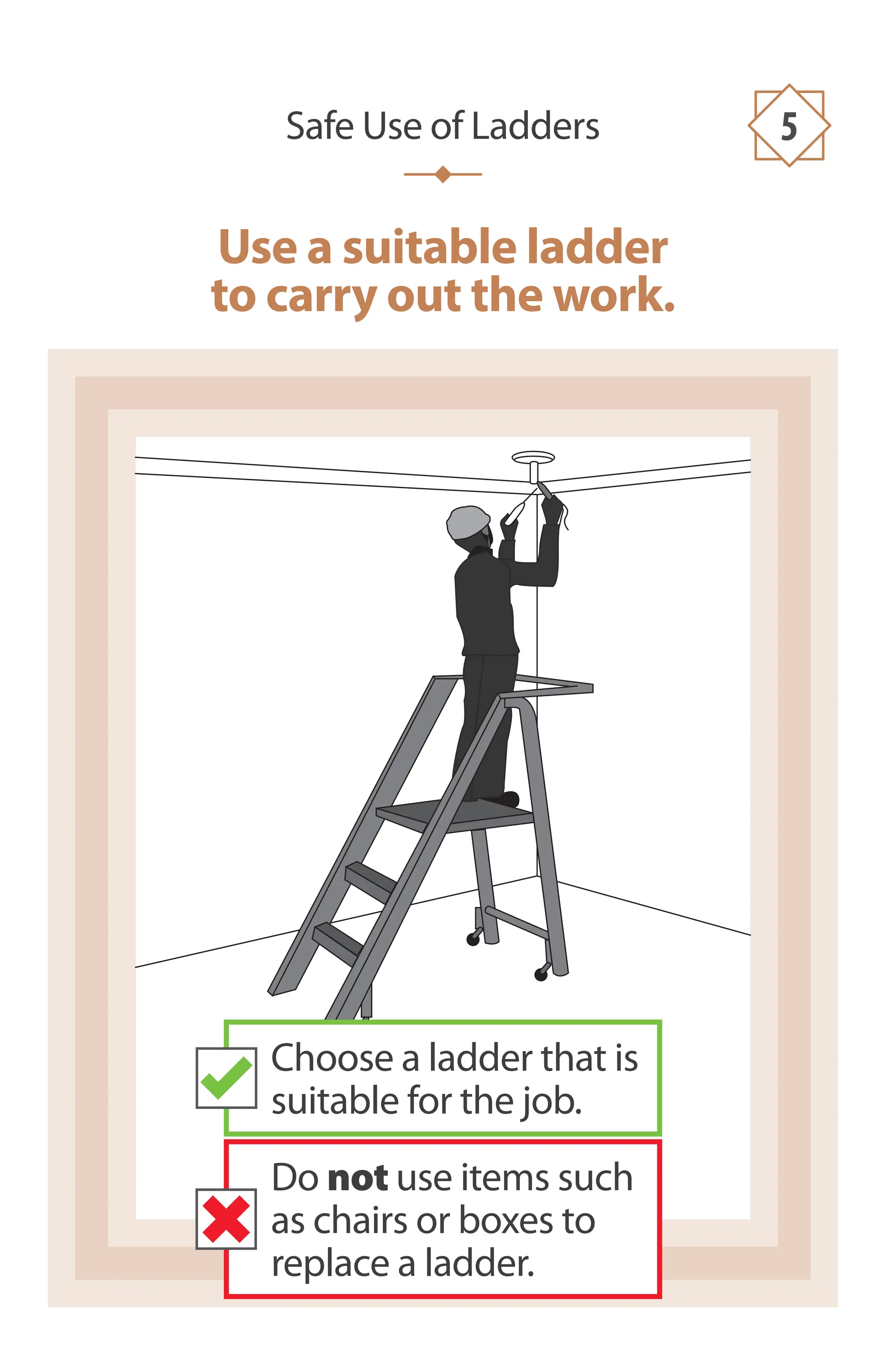 Use a suitable ladder
to carry out the work.
Safe Use of Ladders 5
Choose a ladder that is
suitable for the job.
Do not use items such
as chairs or boxes to
replace a ladder.
 