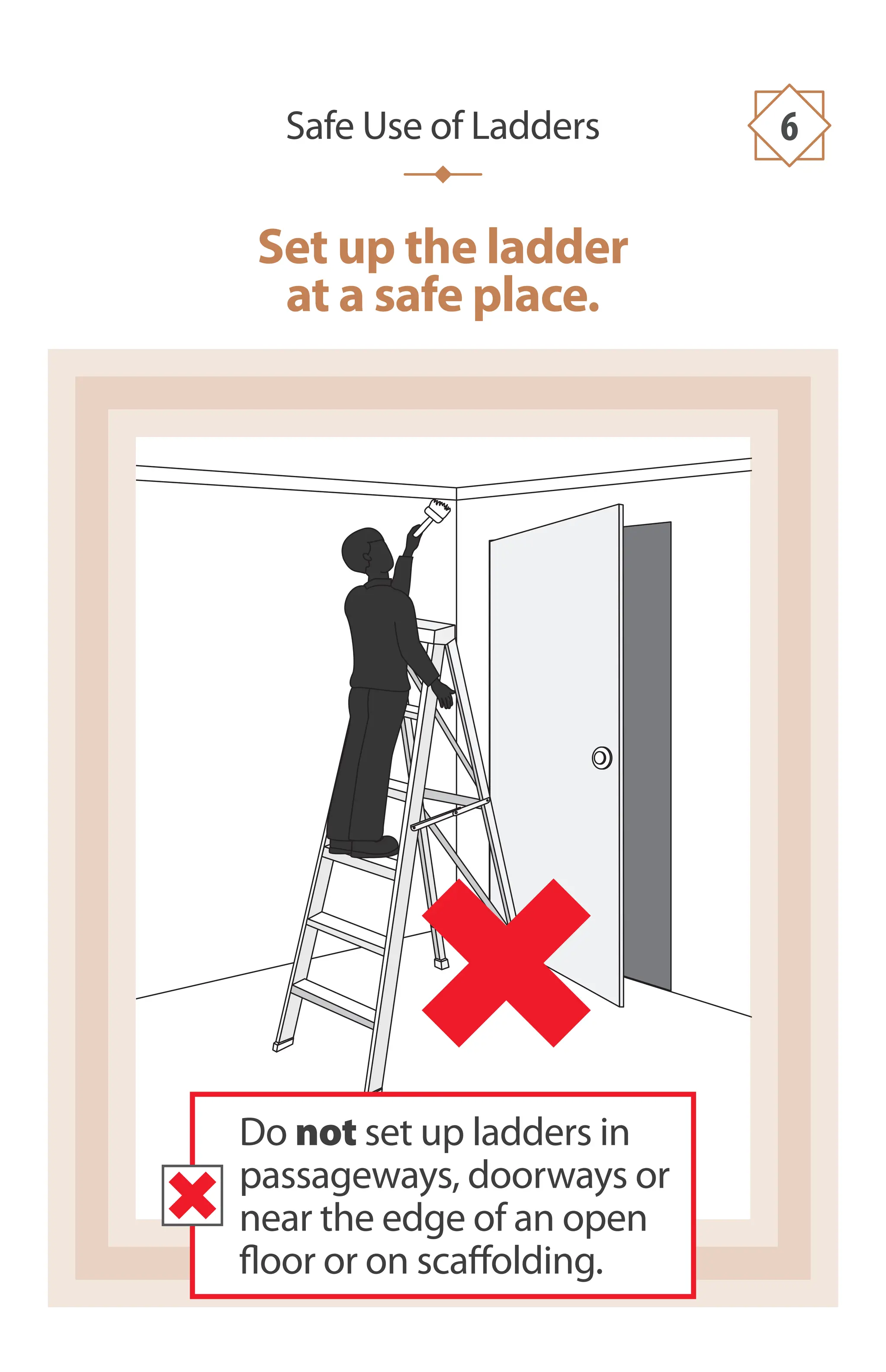 Set up the ladder
at a safe place.
Do not set up ladders in
passageways, doorways or
near the edge of an open
floor or on scaffolding.
Safe Use of Ladders 6
 