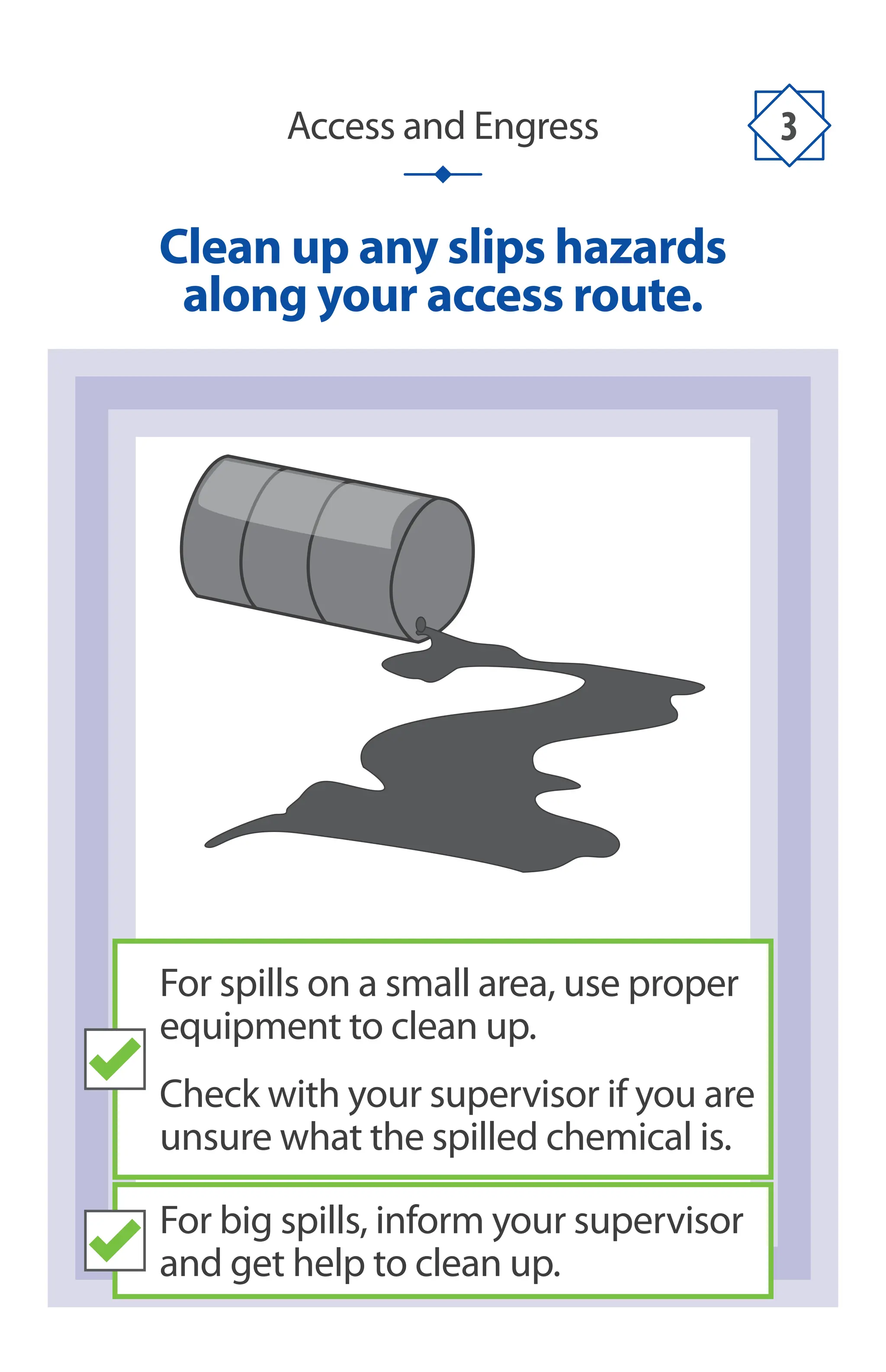 Access and Engress 3
Clean up any slips hazards
along your access route.
For spills on a small area, use proper
equipment to clean up.
Check with your supervisor if you are
unsure what the spilled chemical is.
For big spills, inform your supervisor
and get help to clean up.
 