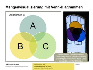 Seite 12
Fachbereich Wirtschaftswissenschaften
Mengenvisualisierung mit Venn-Diagrammen
Sommersemester 2016
Christian Reinboth, Dipl.-Wi.Inf.(FH)
A
CB
Ereignisraum G
Bleiverglastes Fenster mit einem
Venn-Diagramm in Venns Studienort
Cambridge (Quelle: WikiMedia; User:
Schutz; Lizenz: CC BY-SA 2.5)
 