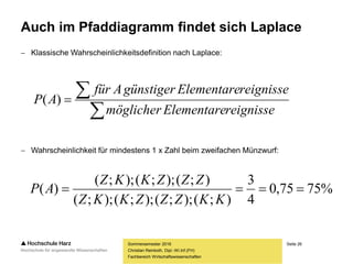Seite 26
Fachbereich Wirtschaftswissenschaften
Auch im Pfaddiagramm findet sich Laplace
 Klassische Wahrscheinlichkeitsdefinition nach Laplace:
 Wahrscheinlichkeit für mindestens 1 x Zahl beim zweifachen Münzwurf:
Sommersemester 2016
Christian Reinboth, Dipl.-Wi.Inf.(FH)


reignisseElementaremöglicher
reignisseElementaregünstigerAfür
AP )(
%7575,0
4
3
);();;();;();;(
);();;();;(
)( 
KKZZZKKZ
ZZZKKZ
AP
 