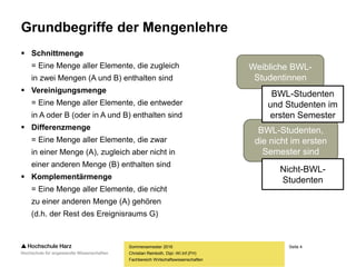Seite 4
Fachbereich Wirtschaftswissenschaften
Grundbegriffe der Mengenlehre
 Schnittmenge
= Eine Menge aller Elemente, die zugleich
in zwei Mengen (A und B) enthalten sind
 Vereinigungsmenge
= Eine Menge aller Elemente, die entweder
in A oder B (oder in A und B) enthalten sind
 Differenzmenge
= Eine Menge aller Elemente, die zwar
in einer Menge (A), zugleich aber nicht in
einer anderen Menge (B) enthalten sind
 Komplementärmenge
= Eine Menge aller Elemente, die nicht
zu einer anderen Menge (A) gehören
(d.h. der Rest des Ereignisraums G)
Sommersemester 2016
Christian Reinboth, Dipl.-Wi.Inf.(FH)
Weibliche BWL-
Studentinnen
BWL-Studenten,
die nicht im ersten
Semester sind
BWL-Studenten
und Studenten im
ersten Semester
Nicht-BWL-
Studenten
 
