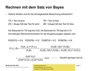 Seite 57
Fachbereich Wirtschaftswissenschaften
Rechnen mit dem Satz von Bayes
– Welche Größen sind für die formelgestützte Berechnung erforderlich?
TG = Taxi ist grün TB = Taxi ist blau
ZG = Zeuge hält das Taxi für grün ZB = Zeuge hält das Taxi für blau
Die Basisrate für TG liegt bei 0,85, die Basisrate für TB liegt bei 0,15
Als bedingte Wahrscheinlichkeiten für die Zeugenaussagen ergeben sich
P(ZG|TG) = 0,8 P(ZG|TB) = 0,2 P(ZB|TG) = 0,2 P(ZB|TB) = 0,8
Sommersemester 2016
Christian Reinboth, Dipl.-Wi.Inf.(FH)
Deutlich geringer als 0,8…
)(*)|()(*)|(
)(*)|(
)(
)(*)|(
)|(
TGPTGZBPTBPTBZBP
TBPTBZBP
BP
APABP
BAP ii
i


41,0
)85,0*20,0()15,0*80,0(
15,0*80,0



 