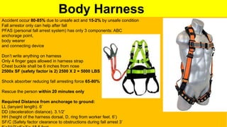 Body Harness
Accident occur 80-85% due to unsafe act and 15-2% by unsafe condition
Fall arrestor only can help after fall
PFAS (personal fall arrest system) has only 3 components: ABC
anchorage point,
body wearer
and connecting device
Don’t write anything on harness
Only 4 finger gaps allowed in harness strap
Chest buckle shall be 6 inches from nose
2500x SF (safety factor is 2) 2500 X 2 = 5000 LBS
Shock absorber reducing fall arresting force 65-80%
Rescue the person within 20 minutes only
Required Distance from anchorage to ground:
LL (lanyard length). 6’
DD (deceleration distance). 3.1/2’
HH (height of the harness dorsal, D, ring from worker feet. 6’)
SF/C (Safety factor clearance to obstructions during fall arrest 3’
 