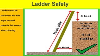 Ladder Safety
Ladders must be
positioned at a safe
angle to avoid
potential fall hazards
when climbing.
 