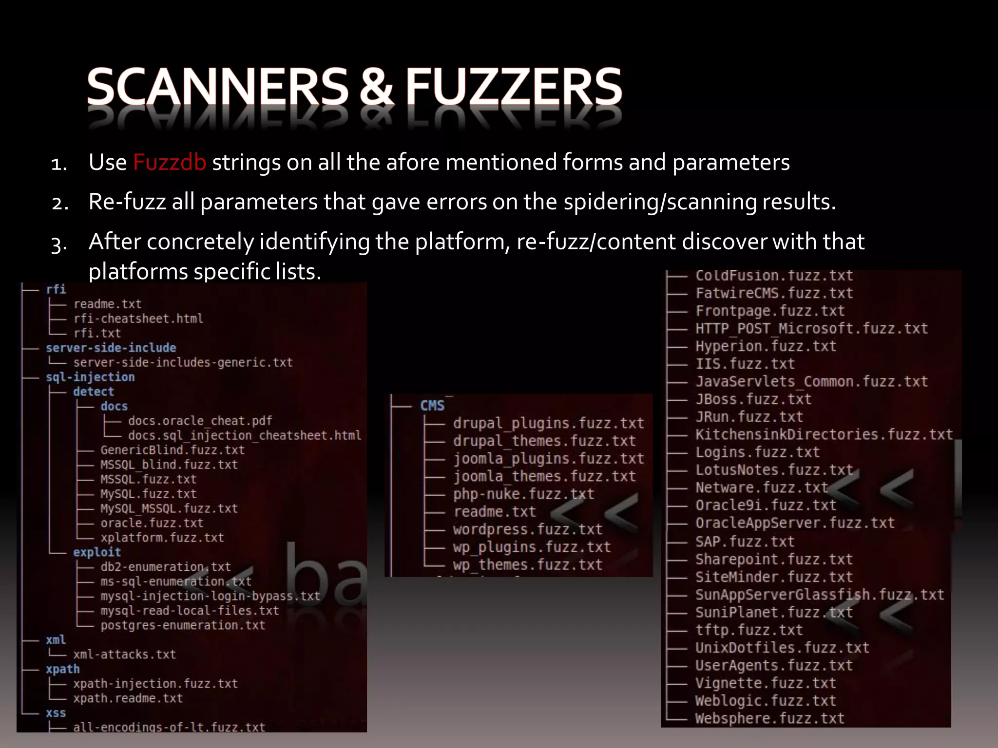 1. Use Fuzzdb strings on all the afore mentioned forms and parameters 2. Re-fuzz all parameters that gave errors on the spidering/scanning results. 3. After concretely identifying the platform, re-fuzz/content discover with that platforms specific lists. 