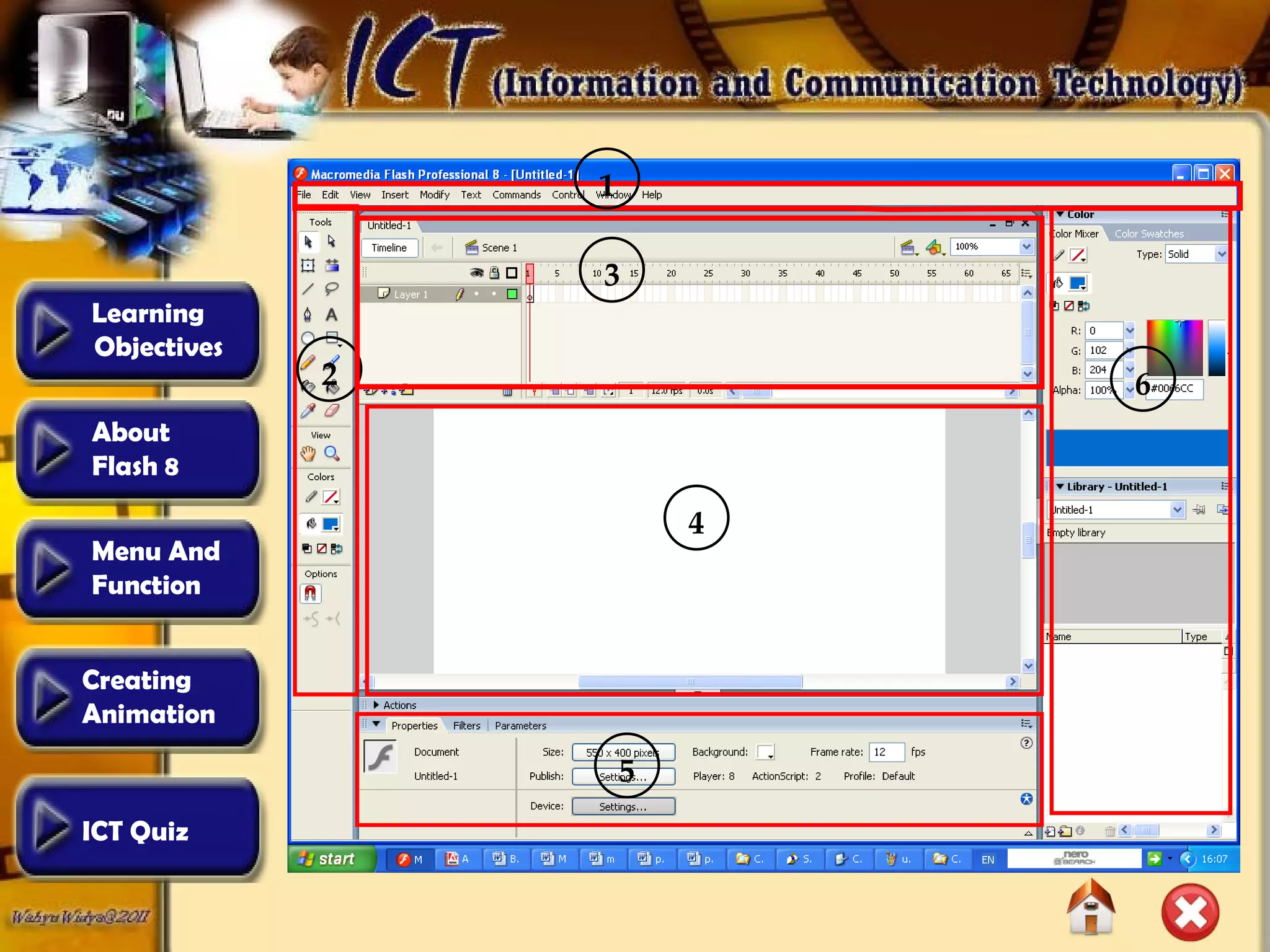 2 4 1 3 5 6 Learning  Objectives Creating  Animation  About  Flash 8 Menu And  Function ICT Quiz 