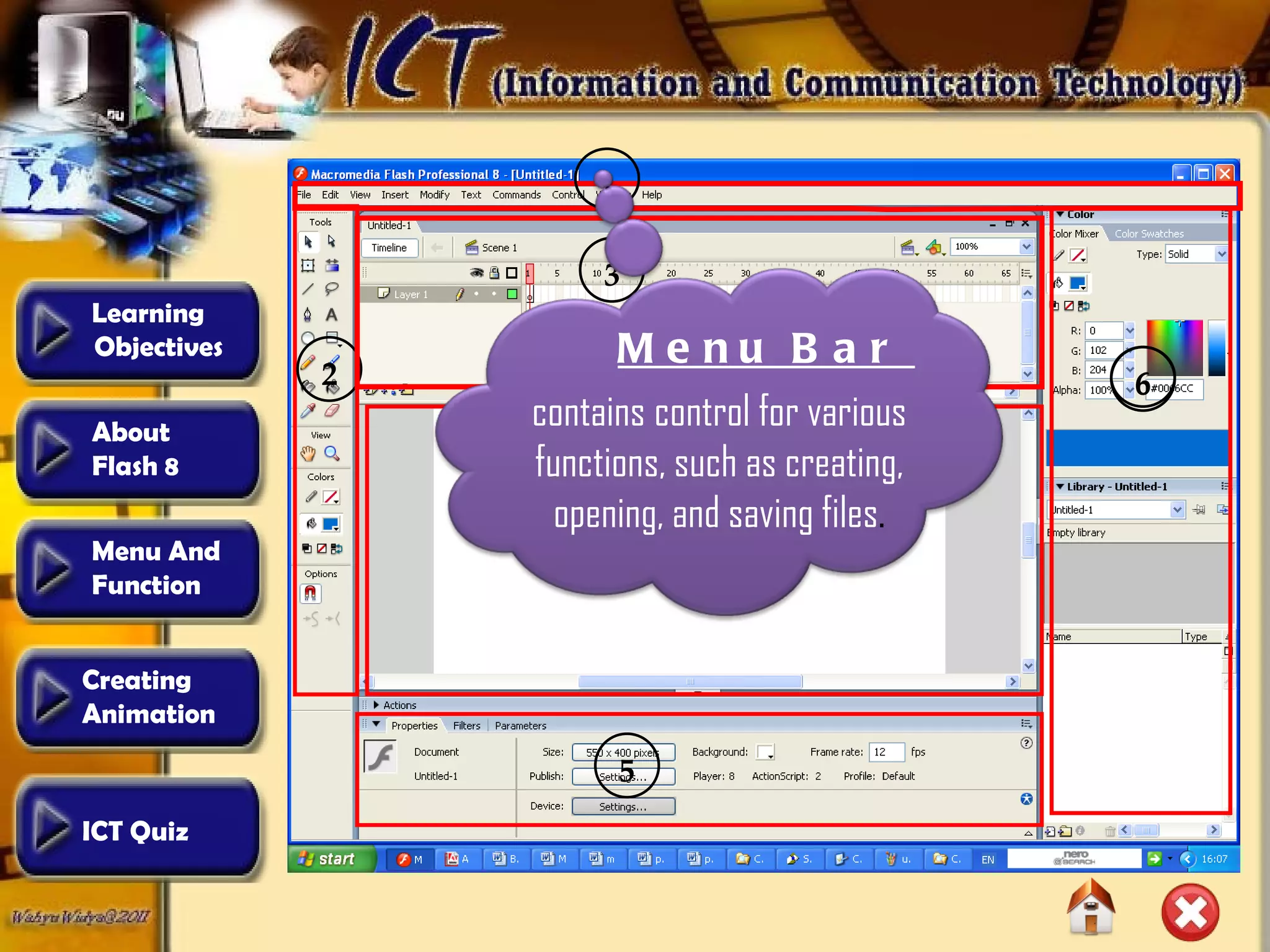 2 4 1 3 5 6 Menu Bar  contains   control for various functions, such as creating, opening, and saving files . 6 Learning  Objectives Creating  Animation  About  Flash 8 Menu And  Function ICT Quiz 