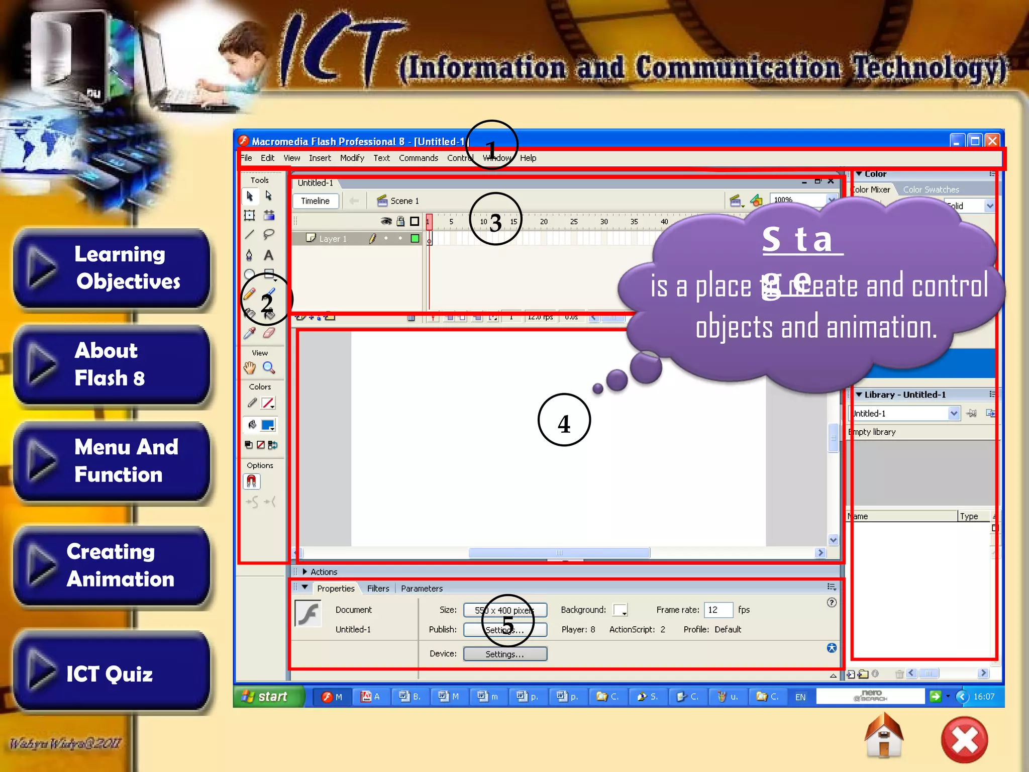 6 2 4 1 3 5 6 Stage is a place to create and control objects and animation.  Learning  Objectives Creating  Animation  About  Flash 8 Menu And  Function ICT Quiz 