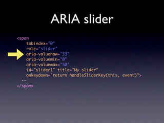 ARIA slider
<span
     tabindex="0"
     role="slider"
     aria-valuenow="33"
     aria-valuemin="0"
     aria-valuemax="50"
     id="slider1" title="My slider"
     onkeydown="return handleSliderKey(this, event)">
  --
</span>
 