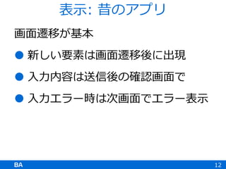 画面遷移が基本
 新しい要素は画面遷移後に出現
 入力内容は送信後の確認画面で
 入力エラー時は次画面でエラー表示
12
表示: 昔のアプリ
 