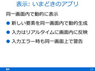 同一画面内で動的に表示
 新しい要素を同一画面内で動的生成
 入力はリアルタイムに画面内に反映
 入力エラー時も同一画面上で警告
13
表示: いまどきのアプリ
 