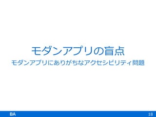 モダンアプリの盲点
モダンアプリにありがちなアクセシビリティ問題
18
 