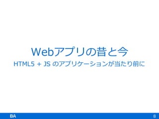 Webアプリの昔と今
HTML5 + JS のアプリケーションが当たり前に
8
 