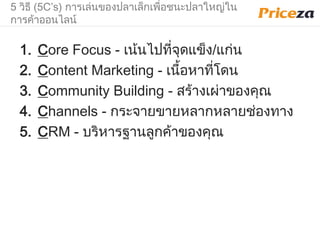 5 วิธี (5C’s) การเล่นของปลาเล็กเพื่อชนะปลาใหญ่ใน
การค้าออนไลน์
1. Core Focus - เน้นไปที่จุดแข็ง/แก่น
2. Content Marketing - เนื้อหาที่โดน
3. Community Building - สร้างเผ่าของคุณ
4. Channels - กระจายขายหลากหลายช่องทาง
5. CRM - บริหารฐานลูกค้าของคุณ
 
