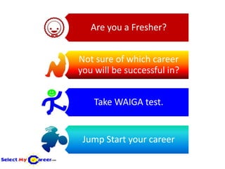Are you a Fresher?


Not sure of which career
you will be successful in?


    Take WAIGA test.


 Jump Start your career
 