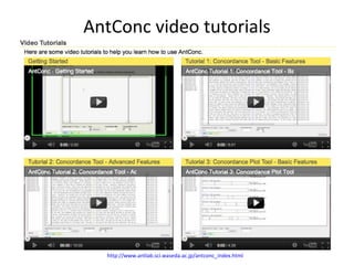 AntConc video tutorials




  http://www.antlab.sci.waseda.ac.jp/antconc_index.html
 