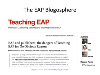 The EAP Blogosphere




  http://www.youtube.com/user/AntlabJPN#p/u/1/_z9wwX7eR-Y
 