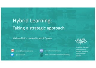 Inspiring the next
generation of
leaders, thinkers
and problem-
solvers
derek@futuremakers.nz
@dwenmoth
www.futuremakers.nz
http://www.futuremakers.nz/blog
Hybrid Learning:
Taking a strategic approach
Waikato MoE – Leadership and SLT group
 