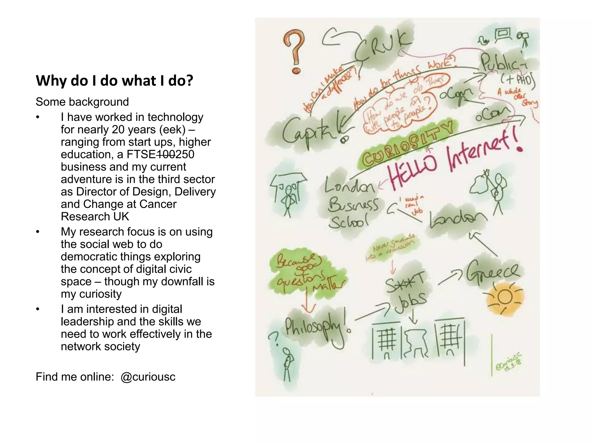 Why do I do what I do?
Some background
• I have worked in technology
for nearly 20 years (eek) –
ranging from start ups, higher
education, a FTSE100250
business and my current
adventure is in the third sector
as Director of Design, Delivery
and Change at Cancer
Research UK
• My research focus is on using
the social web to do
democratic things exploring
the concept of digital civic
space – though my downfall is
my curiosity
• I am interested in digital
leadership and the skills we
need to work effectively in the
network society
Find me online: @curiousc
 