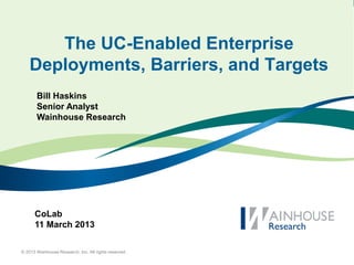 The UC-Enabled Enterprise
    Deployments, Barriers, and Targets
       Bill Haskins
       Senior Analyst
       Wainhouse Research




      CoLab
      11 March 2013

© 2013 Wainhouse Research, Inc. All rights reserved.
 