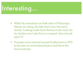 Interesting...

   • While the mountains on both sides of Wairarapa
     Moana are rising, the lake bed is too, but more
     slowly. Looking south from Western Lake road, the
     far skyline near Lake Ferry is warped into a broad,
     open ‘U’

   • Possums were released around Featherston in 1872
     to become an environmental pest and threat the
     local economy.
 