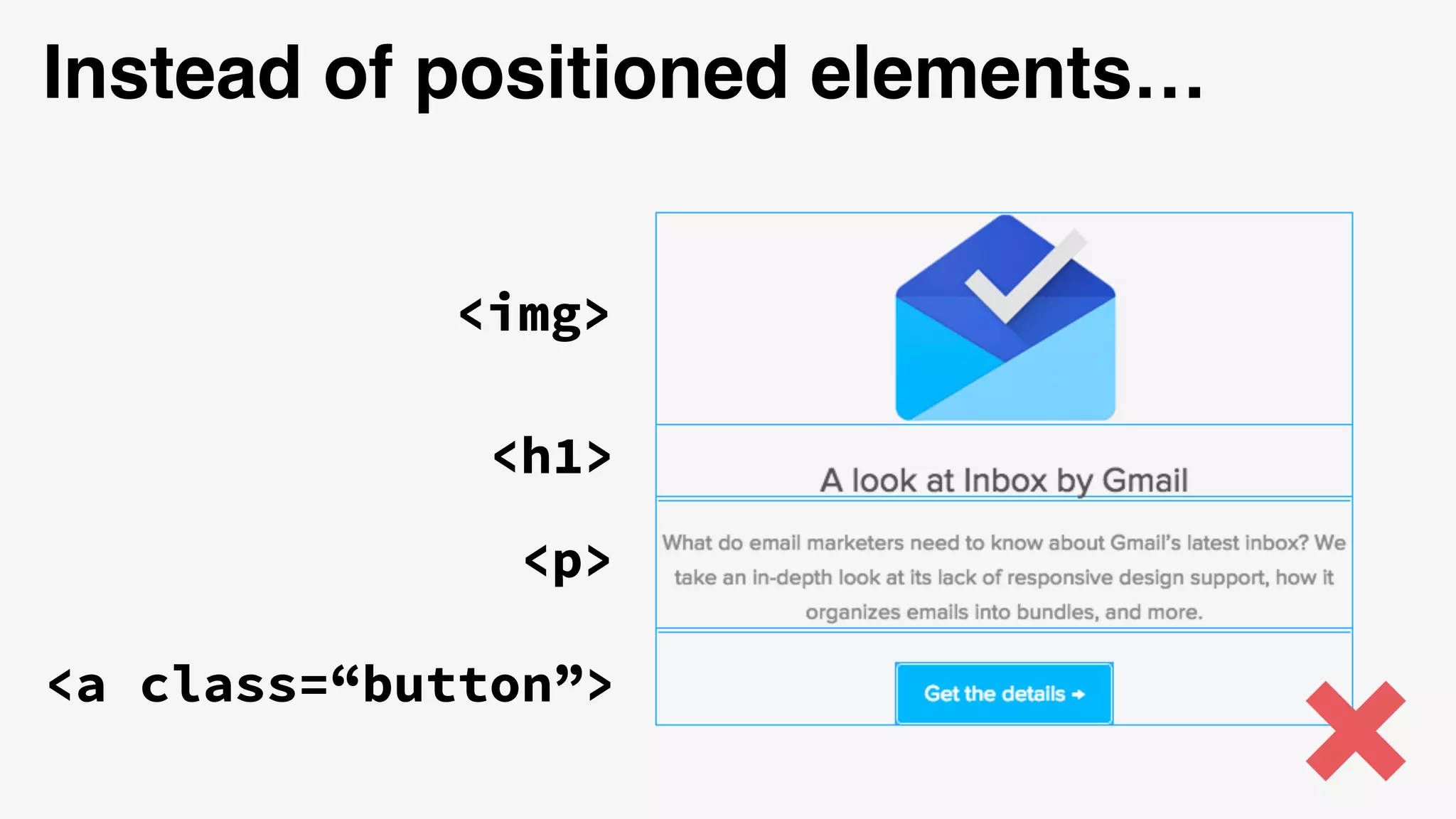 <h1>
<p>
<img>
<a class=“button”>
Instead of positioned elements…
 