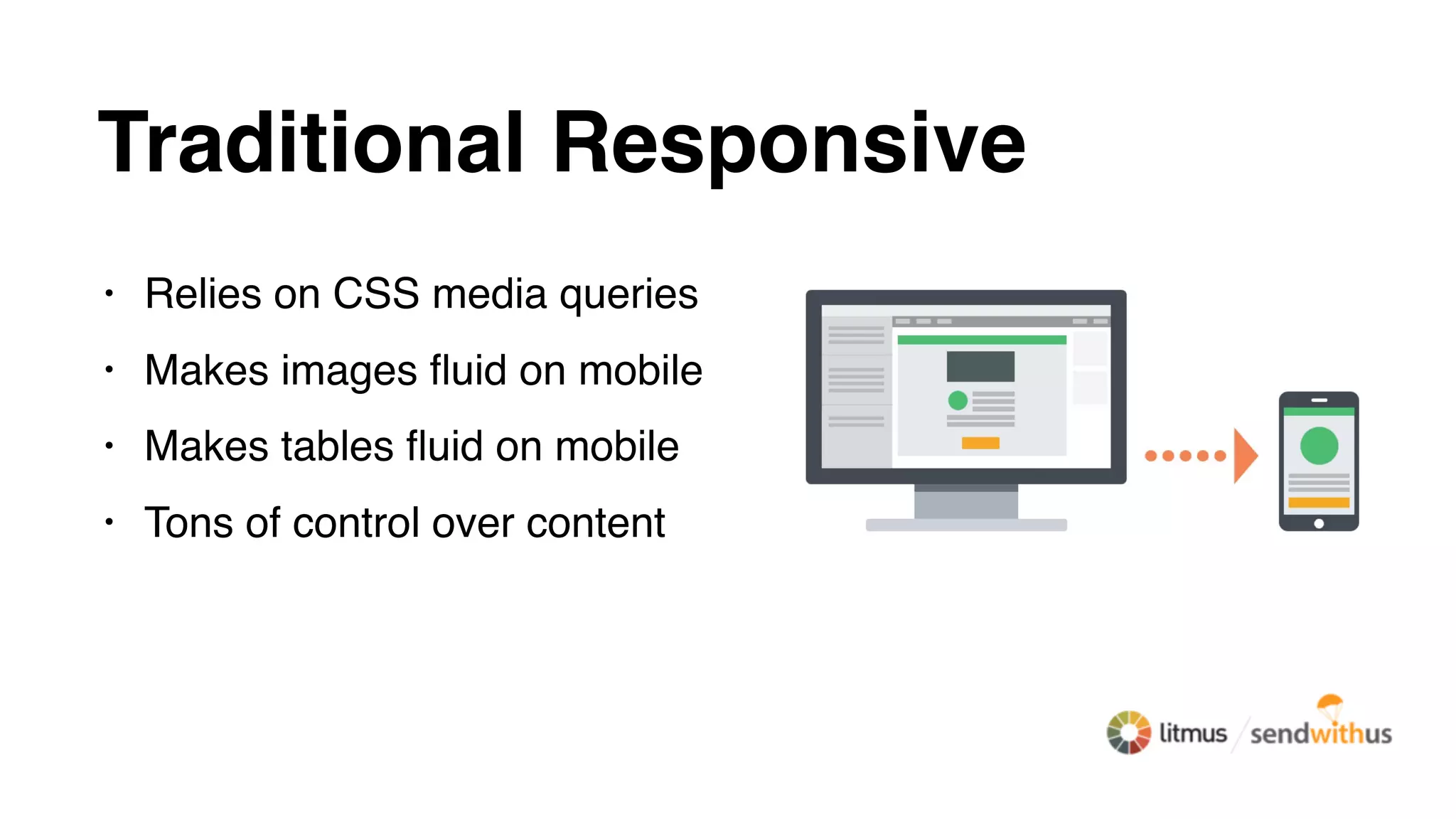 Traditional Responsive
• Relies on CSS media queries
• Makes images ﬂuid on mobile
• Makes tables ﬂuid on mobile
• Tons of control over content
 