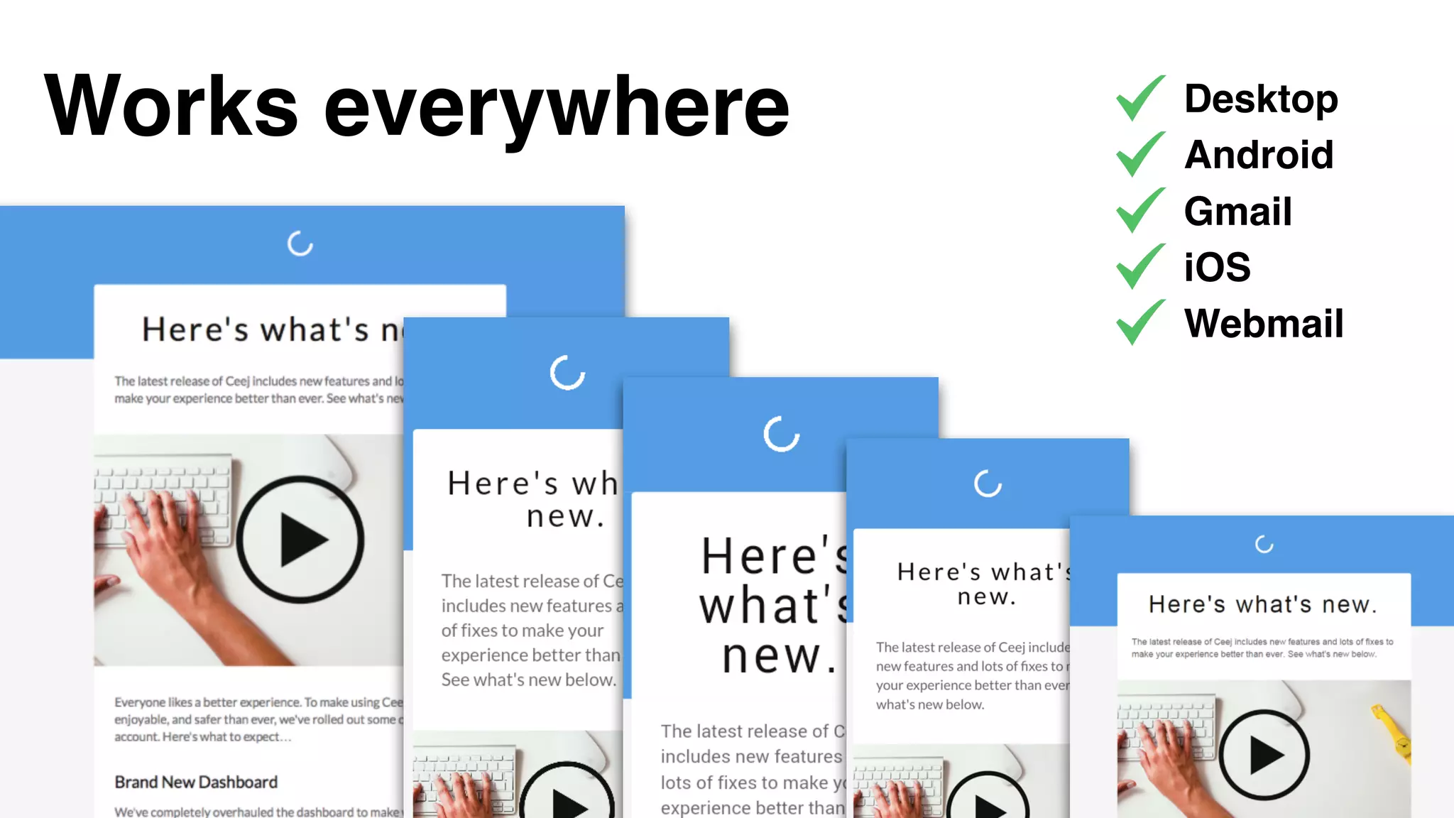 Works everywhere Desktop
Android
Gmail
iOS
Webmail
 