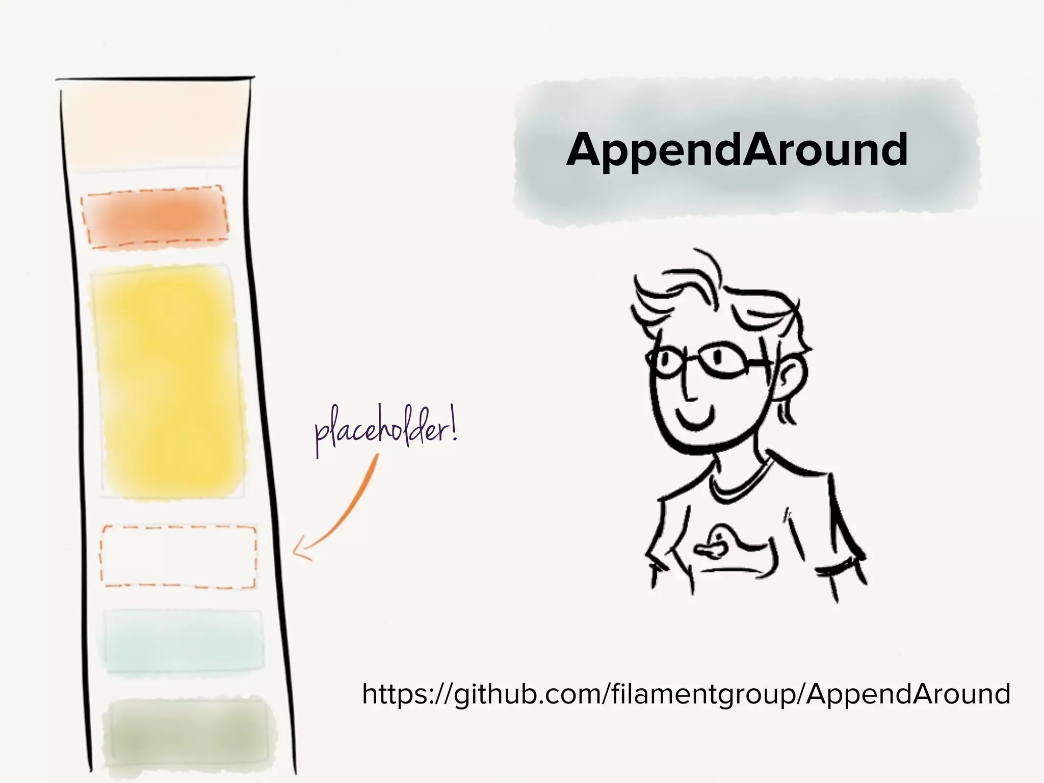 AppendAround is a little JS doodle that lets you declare different potential
locations for chunks of content in your source code.
!
You declare a few places in the source that this orange block could be
displayed, and then the script moves your code to a particular spot, based
on breakpoints.
!
If you find yourself using it extensively? Explore why your information
hierarchy is so different from small-to-large screen; that may indicate some
sort of larger underlying disconnect.
!
This is a great little script, and one of those places where a little JS can save
you hours of CSS time.
 