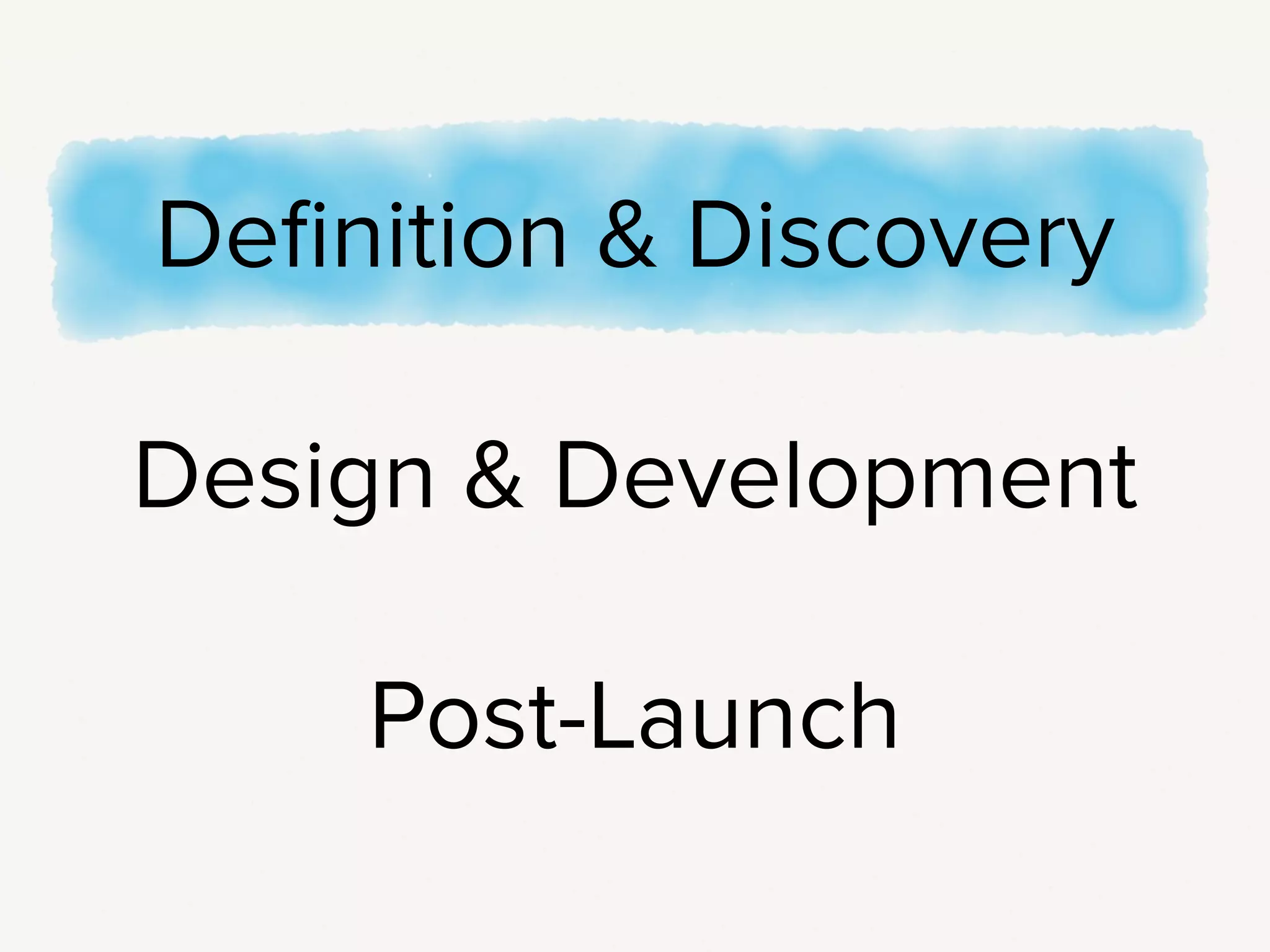 I’m going to go over content questions you can work into your existing
process in the three different phases of a project: Definition & Discovery,
Design & Development, and Post-Launch. We’ll start with Definition &
Discovery.
!
 