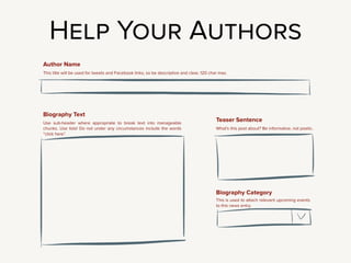 !
Use really speciﬁc labeling for all your content types and ﬁelds.
If you’re building out an Author biography, name the field “Author Name”
not “title”, and “Biography text” instead of “body”.
!
Build in all the help you can for your authors.
 
