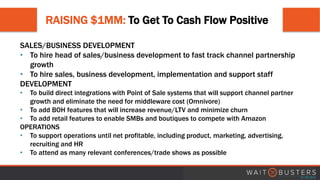 RAISING $1MM: To Get To Cash Flow Positive
SALES/BUSINESS DEVELOPMENT
• To hire head of sales/business development to fast track channel partnership
growth
• To hire sales, business development, implementation and support staff
DEVELOPMENT
• To build direct integrations with Point of Sale systems that will support channel partner
growth and eliminate the need for middleware cost (Omnivore)
• To add BOH features that will increase revenue/LTV and minimize churn
• To add retail features to enable SMBs and boutiques to compete with Amazon
OPERATIONS
• To support operations until net profitable, including product, marketing, advertising,
recruiting and HR
• To attend as many relevant conferences/trade shows as possible
 