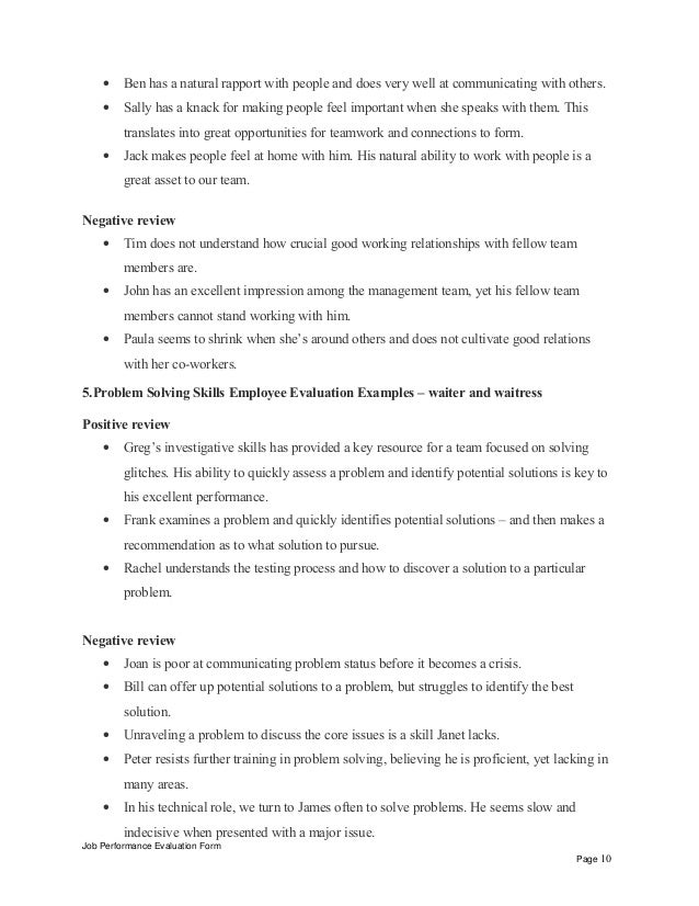 interpersonal skills performance review phrases waiter and waitress positive review job performance evaluation form page 9 10