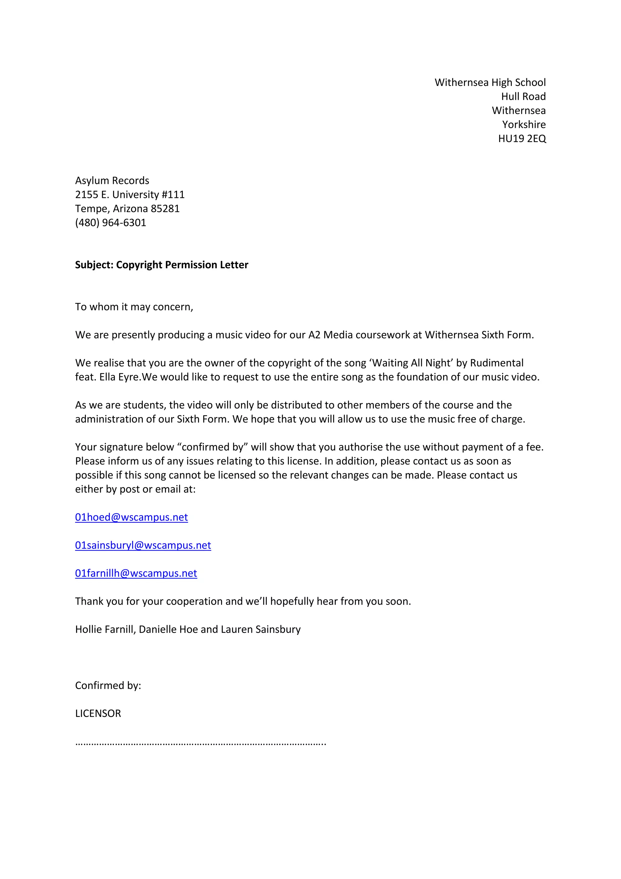 Waiting All night copyright letter | PDF