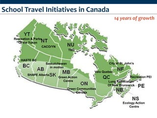 School Travel Initiatives in Canada
                                                                   14 years of growth


   Recreation & Parks
     Of the Yukon
                     CACO/YN
                                     TBD


       HASTE BC
                      Saskatchewan                           City of St. John’s
                        in motion
                                                     Velo Quebec
           SHAPE Alberta
                               Green Action                                 Recreation PEI
                                  Centre                    Lung Association
                                                            Of New Brunswick
                                     Green Communities
                                          Canada


                                                                      Ecology Action
                                                                          Centre
 