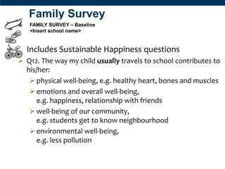 Family Survey
   School Travel Planning Project:
   FAMILY SURVEY – Baseline
   <Insert school name>


• Includes Sustainable Happiness questions
 Q12. The way my child usually travels to school contributes to
  his/her:
    physical well-being, e.g. healthy heart, bones and muscles
    emotions and overall well-being,
      e.g. happiness, relationship with friends
    well-being of our community,
      e.g. students get to know neighbourhood
    environmental well-being,
      e.g. less pollution
 