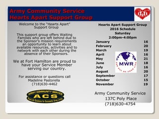 Army Community ServiceArmy Community Service
Hearts Apart Support GroupHearts Apart Support Group
Welcome to the “Hearts Apart”
Support Group
This support group offers Waiting
Families who are left behind due to
the Sponsor’s mission requirements
an opportunity to learn about
available resources, activities and to
network with each other during the
absence of their Sponsors.
We at Fort Hamilton are proud to
have your Service Member
serving our country.
For assistance or questions call
Madeline Pastorella
(718)630-4462
Hearts Apart Support Group
2016 Schedule
Saturday
2:00pm-4:00pm
January 16
February 20
March 19
April 16
May 21
June 18
July 16
August 20
September 17
October 15
November 19
Army Community Service
137C Poly Place
(718)630-4754
 