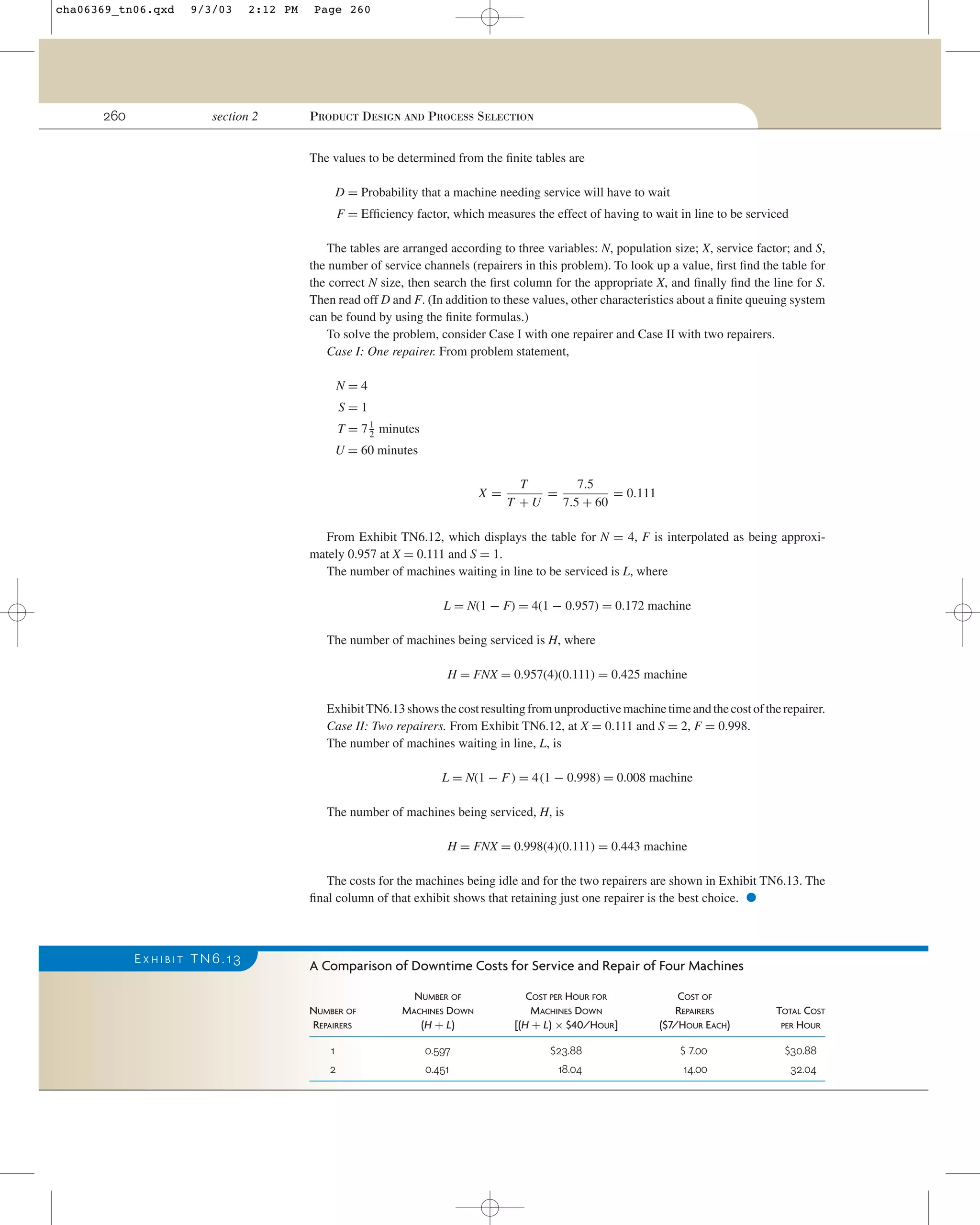 cha06369_tn06.qxd

260

9/3/03

2:12 PM

section 2

Page 260

PRODUCT DESIGN AND PROCESS SELECTION
The values to be determined from the ﬁnite tables are
D = Probability that a machine needing service will have to wait
F = Efﬁciency factor, which measures the effect of having to wait in line to be serviced
The tables are arranged according to three variables: N, population size; X, service factor; and S,
the number of service channels (repairers in this problem). To look up a value, ﬁrst ﬁnd the table for
the correct N size, then search the ﬁrst column for the appropriate X, and ﬁnally ﬁnd the line for S.
Then read off D and F. (In addition to these values, other characteristics about a ﬁnite queuing system
can be found by using the ﬁnite formulas.)
To solve the problem, consider Case I with one repairer and Case II with two repairers.
Case I: One repairer. From problem statement,
N=4
S=1
T = 7 1 minutes
2
U = 60 minutes
X=

T
7.5
=
= 0.111
T +U
7.5 + 60

From Exhibit TN6.12, which displays the table for N = 4, F is interpolated as being approximately 0.957 at X = 0.111 and S = 1.
The number of machines waiting in line to be serviced is L, where
L = N(1 − F) = 4(1 − 0.957) = 0.172 machine
The number of machines being serviced is H, where
H = FNX = 0.957(4)(0.111) = 0.425 machine
Exhibit TN6.13 shows the cost resulting from unproductive machine time and the cost of the repairer.
Case II: Two repairers. From Exhibit TN6.12, at X = 0.111 and S = 2, F = 0.998.
The number of machines waiting in line, L, is
L = N(1 − F ) = 4(1 − 0.998) = 0.008 machine
The number of machines being serviced, H, is
H = FNX = 0.998(4)(0.111) = 0.443 machine
The costs for the machines being idle and for the two repairers are shown in Exhibit TN6.13. The
ﬁnal column of that exhibit shows that retaining just one repairer is the best choice.

•

EXHIBIT TN6.13

A Comparison of Downtime Costs for Service and Repair of Four Machines
NUMBER OF
REPAIRERS

NUMBER OF
MACHINES DOWN
(H + L)

COST PER HOUR FOR
MACHINES DOWN
[(H + L) × $40/HOUR]

COST OF
REPAIRERS
($7/HOUR EACH)

TOTAL COST
PER HOUR

1

0.597

$23.88

$ 7.00

$30.88

2

0.451

18.04

14.00

32.04

 