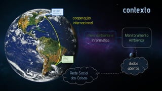 contexto

CEGEP

Sherbrooke, CA

cooperação
internacional
meio ambiente e
Informática

Monitoramento
Ambiental

IFRS

Porto Alegre, BR

Rede Social
das Coisas

dados
abertos

 