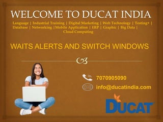 Language | Industrial Training | Digital Marketing | Web Technology | Testing+ |
Database | Networking |Mobile Application | ERP | Graphic | Big Data |
Cloud Computing
WAITS ALERTS AND SWITCH WINDOWS
7070905090
info@ducatindia.com
 
