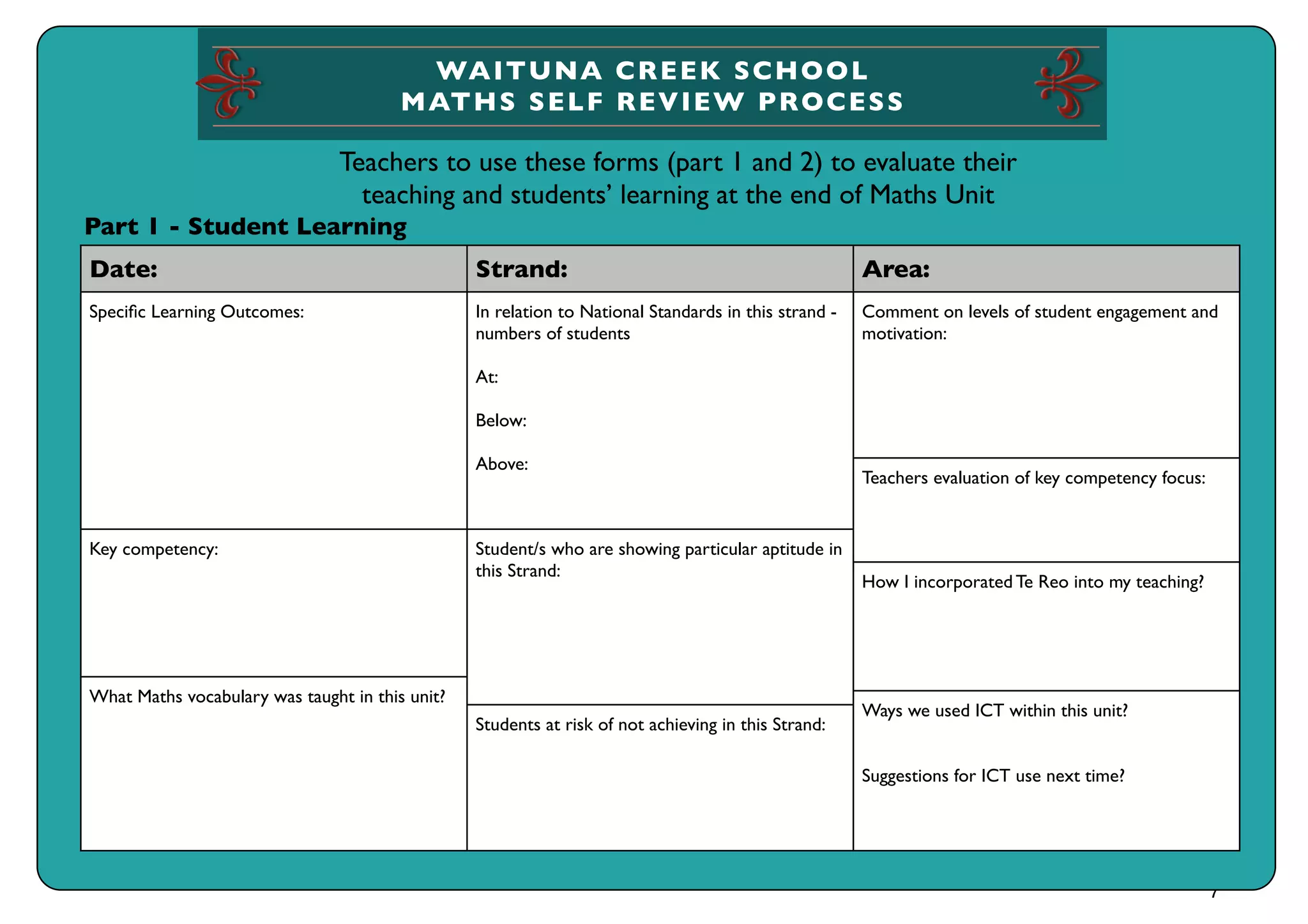 WAITUNA CREEK SCHOOL
                                        M ATHS S ELF R EV IEW P R OC ES S

                                Teachers to use these forms (part 1 and 2) to evaluate their
                                  teaching and students’ learning at the end of Maths Unit
Part 1 - Student Learning
Date:                                            Strand:                                              Area:
Speciﬁc Learning Outcomes:                       In relation to National Standards in this strand -   Comment on levels of student engagement and
                                                 numbers of students                                  motivation:

                                                 At:

                                                 Below:

                                                 Above:
                                                                                                      Teachers evaluation of key competency focus:


Key competency:                                  Student/s who are showing particular aptitude in
                                                 this Strand:
                                                                                                      How I incorporated Te Reo into my teaching?




What Maths vocabulary was taught in this unit?
                                                                                                      Ways we used ICT within this unit?
                                                 Students at risk of not achieving in this Strand:

                                                                                                      Suggestions for ICT use next time?




                                                                                                                                                     7
 