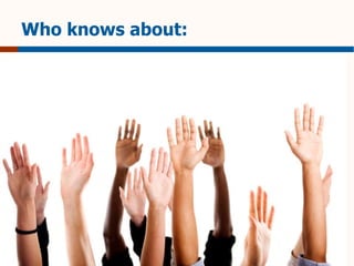 Who knows about: 
 HTML 5.0 release? 
 UAAG 2.0 status? 
 Indie UI progress? 
 WAI-ARIA release? 
 WebVTT? 
 
