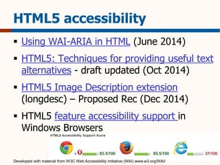 HTML5 accessibility 
 Using WAI-ARIA in HTML (June 2014) 
 HTML5: Techniques for providing useful text 
alternatives - draft updated (Oct 2014) 
 HTML5 Image Description extension 
(longdesc) – Proposed Rec (Dec 2014) 
 HTML5 feature accessibility support in 
Windows Browsers 
Developed with material from W3C Web Accessibility Initiative (WAI) www.w3.org/WAI/ 
 