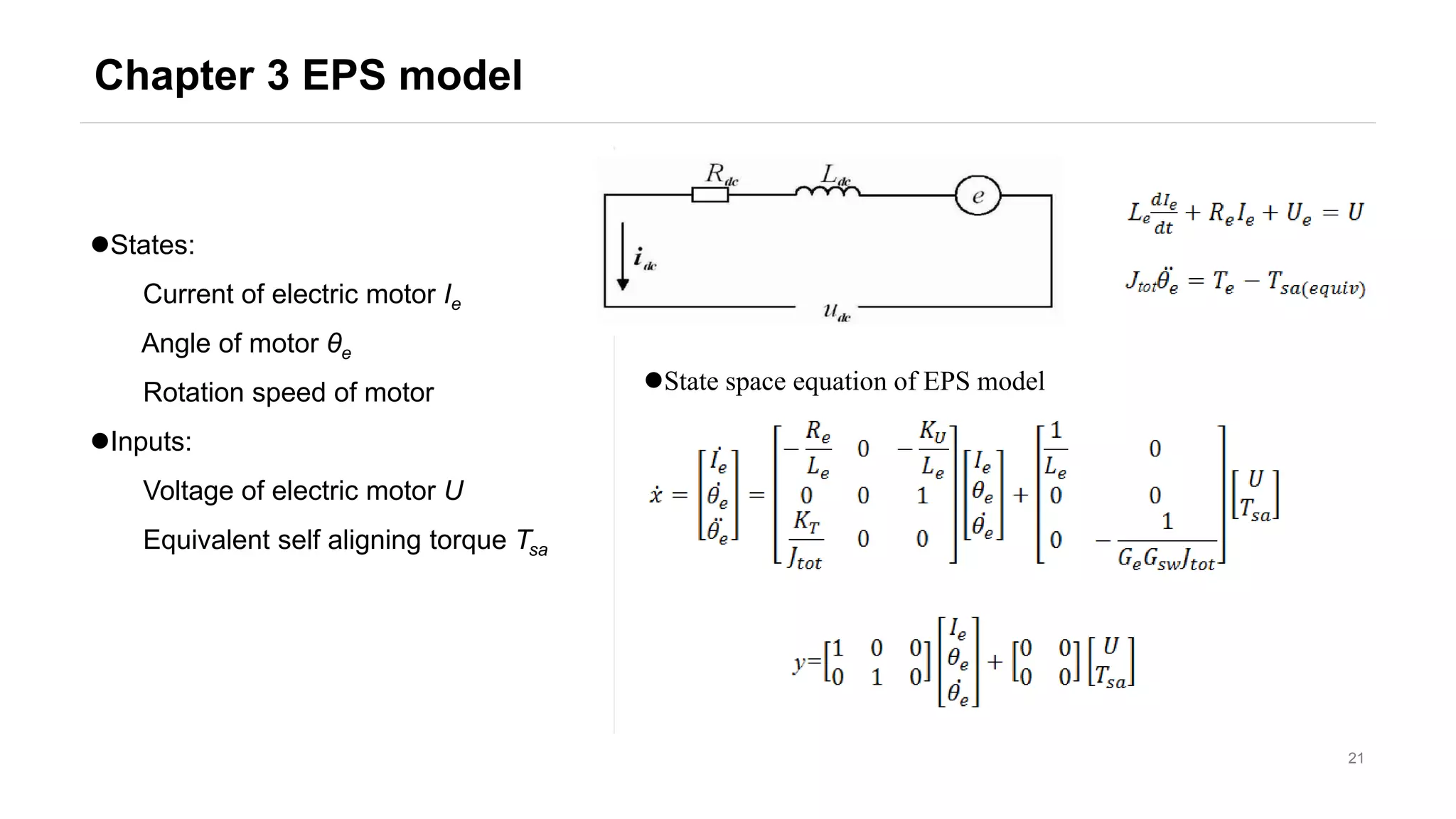 Chapter 3 EPS model
21
States:
Current of electric motor Ie
Angle of motor θe
Rotation speed of motor
Inputs:
Voltage of electric motor U
Equivalent self aligning torque Tsa
State space equation of EPS model
 