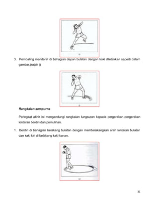 31
3. Pembaling mendarat di bahagian depan bulatan dengan kaki diletakkan seperti dalam
gambar.(rajah j)
Rangkaian sempurna
Peringkat akhir ini mengandungi rangkaian lungsuran kepada pergerakan-pergerakan
lontaran berdiri dan pemulihan.
1. Berdiri di bahagian belakang bulatan dengan membelakangkan arah lontaran bulatan
dan kaki kiri di belakang kaki kanan.
 