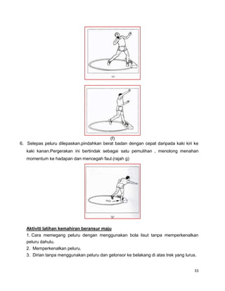 33
(f)
6. Selepas peluru dilepaskan,pindahkan berat badan dengan cepat daripada kaki kiri ke
kaki kanan.Pergerakan ini bertindak sebagai satu pemulihan , menolong menahan
momentum ke hadapan dan mencegah faul.(rajah g)
Aktiviti latihan kemahiran beransur maju
1. Cara memegang peluru dengan menggunakan bola lisut tanpa memperkenalkan
peluru dahulu.
2. Memperkenalkan peluru.
3. Dirian tanpa menggunakan peluru dan gelonsor ke belakang di atas trek yang lurus.
 